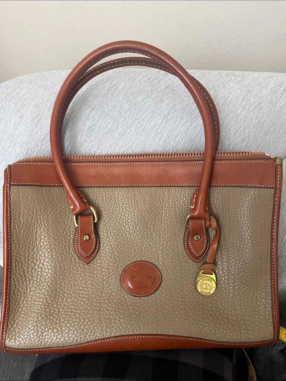 Vintage Dooney & Bourke Pebbled Leather Satchel in Beige with Brown Trim